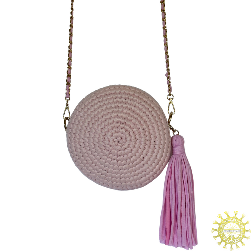 Woven Cord circlet Bag with tassels and long gold metal link shoulder strap with interwoven cord in Cherry Blossom