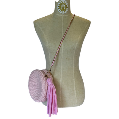 Woven Cord circlet Bag with tassels and long gold metal link shoulder strap with interwoven cord in Cherry Blossom