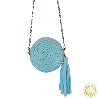 Woven Cord circlet Bag with tassels and long gold metal link shoulder strap with interwoven cord in Lagoon