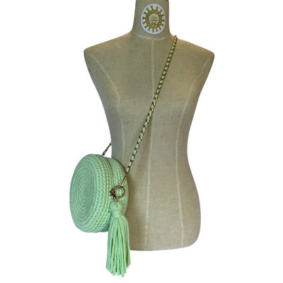 Woven Cord circlet Bag with tassels and long gold metal link shoulder strap with interwoven cord in Spearmint