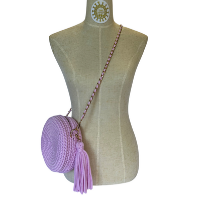 Woven Cord circlet Bag with tassels and long gold metal link shoulder strap with interwoven cord in Sweet Pea
