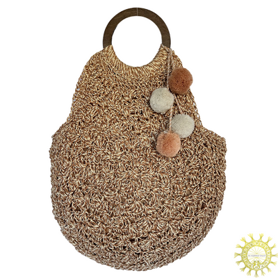 Raffia Crocheted Bag with Double Wooden Handles and Pom Pom trimming in colour Chestnut