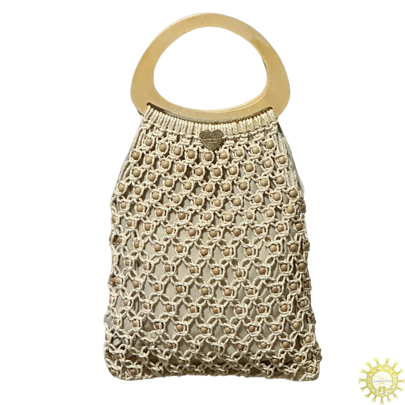 Macrame Bag beaded with wooden baubles and double Wooden Handles in colour Seashell