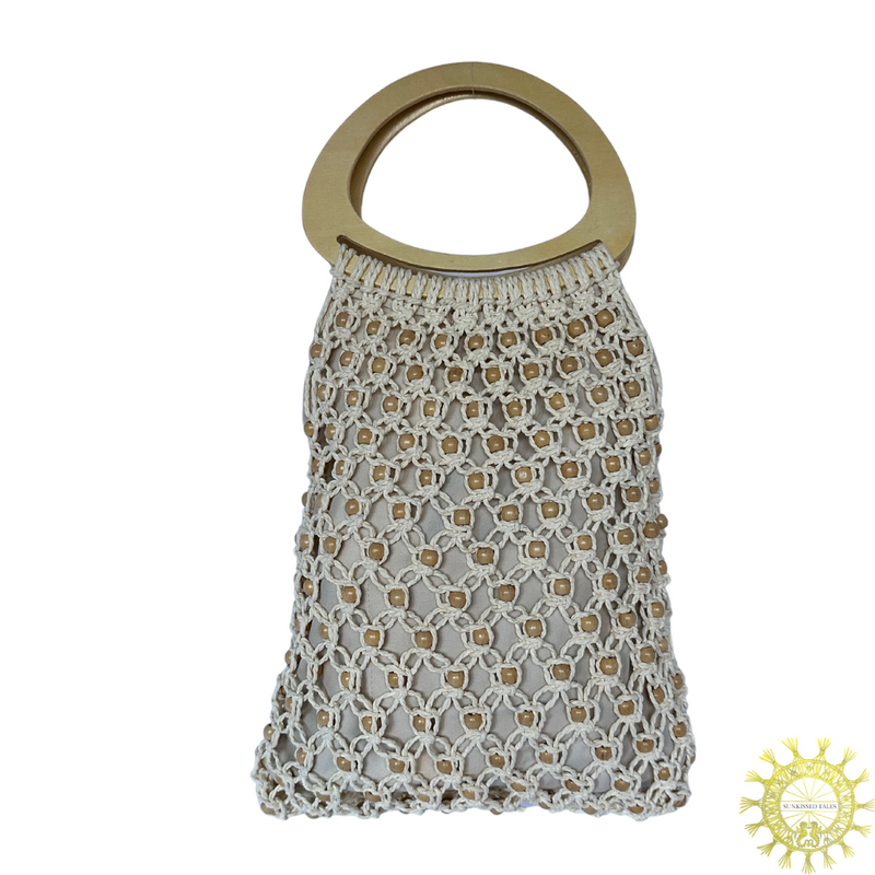 Macrame Bag beaded with wooden baubles and double Wooden Handles in colour Seashell