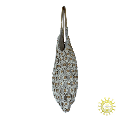 Macrame Bag beaded with wooden baubles and double Wooden Handles in colour Seashell