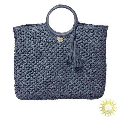 Raffia Bag with Tassels and ring Handles in colour Denim