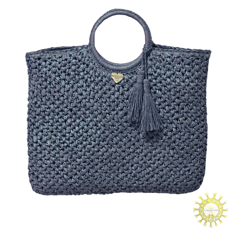 Raffia Bag with Tassels and ring Handles in colour Denim