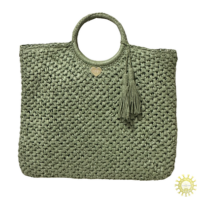 Raffia Bag with Tassel and ring Handles in Olive Grove