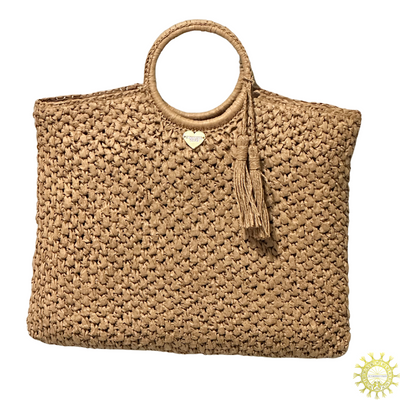 Raffia Bag with tassels and ring handles in Suntan