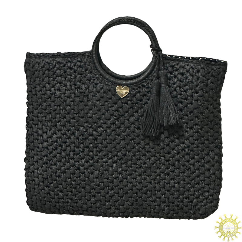 Raffia Bag with tassels and ring handles in Volcanic Ash