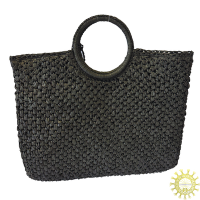 Raffia Bag with tassels and ring handles in Volcanic Ash