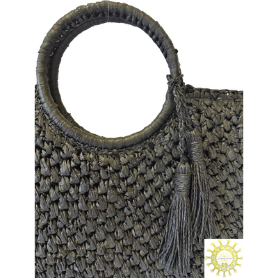 Raffia bag with Tassels and ring handles in Volcanic Ash