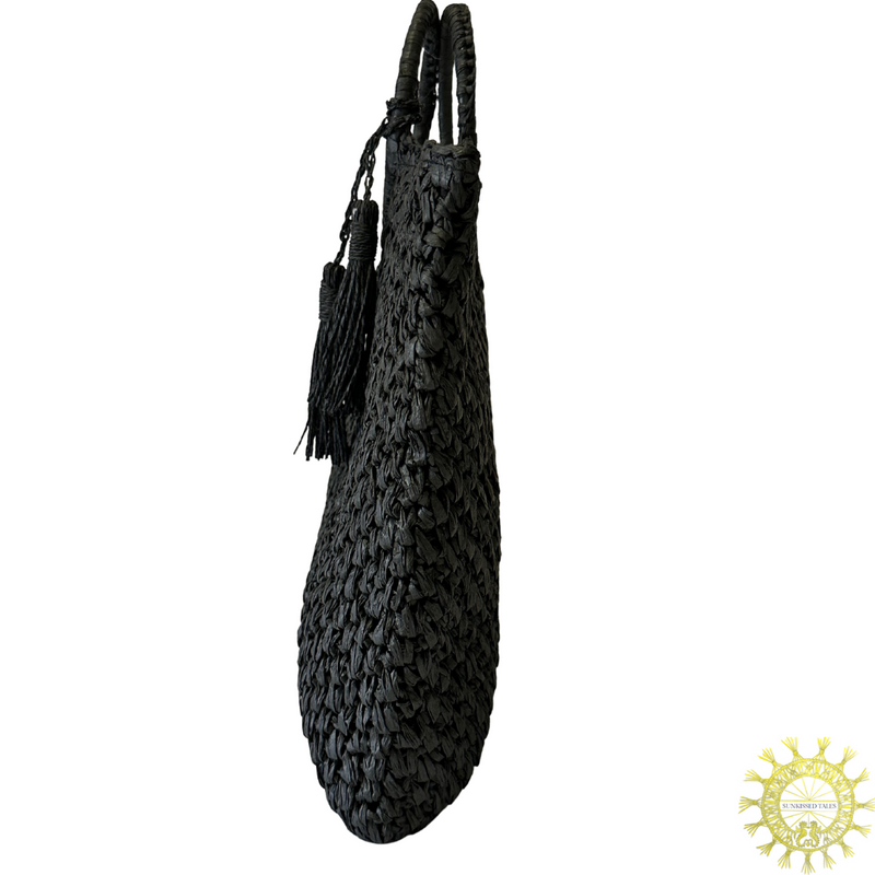 Raffia Bag with Tassels and ring handles in Volcanic Ash