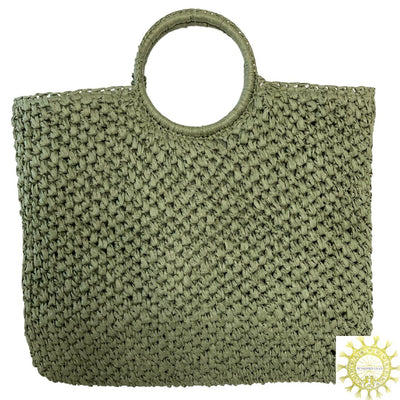 Raffia Bag with Tassel and ring Handles in Olive Grove