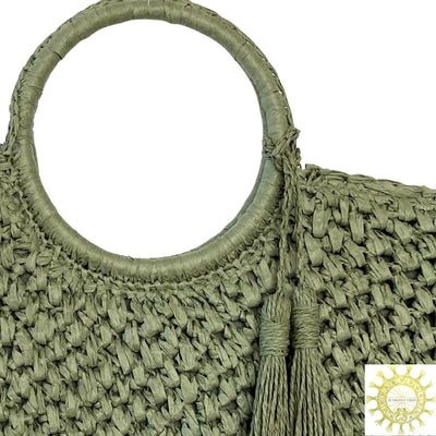 Raffia Bag with Tassels and ring Handles in Olive Grove
