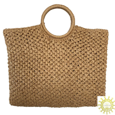 Raffia Bag with tassels and ring handles in Suntan