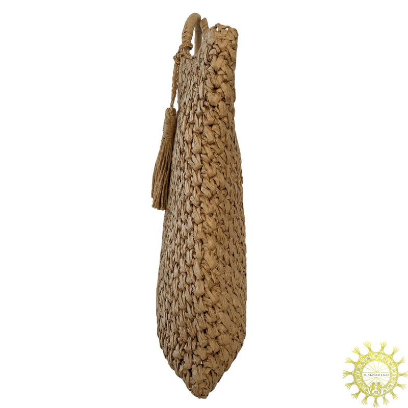 Raffia Bag with tassels and ring handles in Suntan