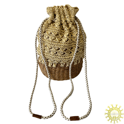 Raffia diamond pattern weave drawstring Barrel Bag with straw basket base