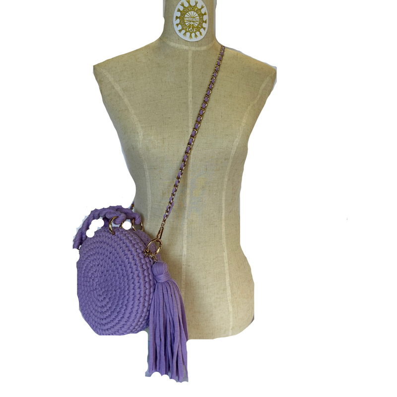 Woven Fabric Cord Circlet Bag with tassels, double handles and detachable Long metal links Shoulder Strap with interwoven cord in Hydrangea