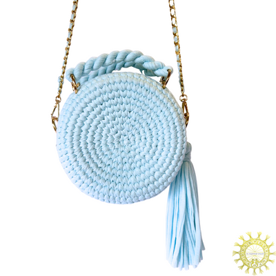 Woven Fabric Cord Circlet Bag with tassels, double handles and detachable Long metal links Shoulder Strap with interwoven cord in Lagoon