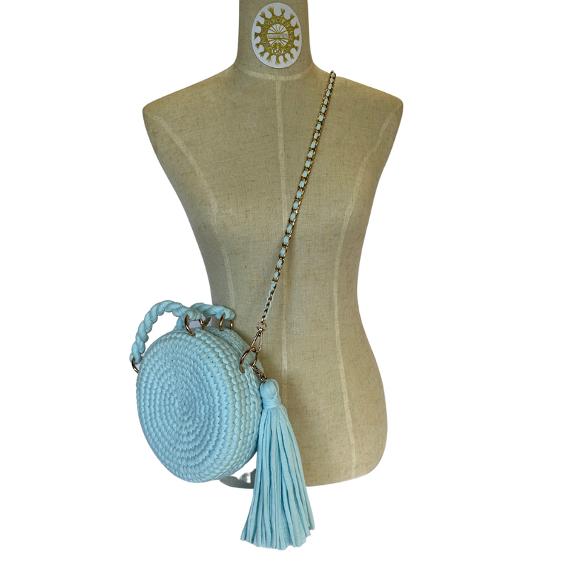 Woven Fabric Cord Circlet Bag with tassels, double handles and detachable Long metal links Shoulder Strap with interwoven cord in Lagoon