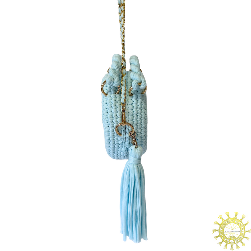 Woven Fabric Cord Circlet Bag with tassels, double handles and detachable Long metal links Shoulder Strap with interwoven cord in Lagoon