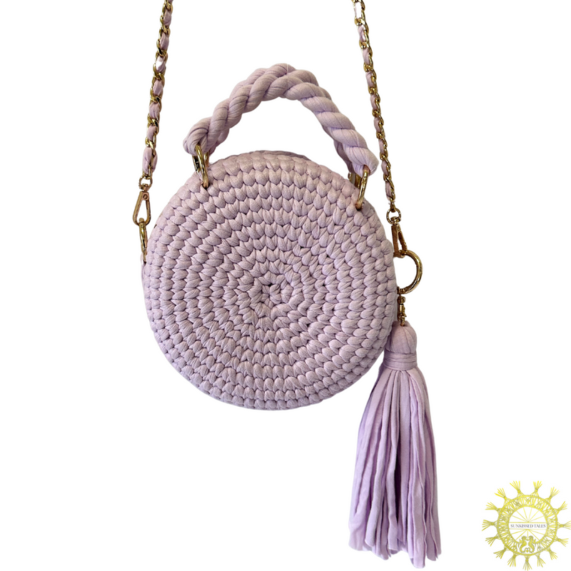 Woven Fabric Cord Circlet Bag with tassels, double handles and detachable Long metal links Shoulder Strap with interwoven cord in Lilac Stock