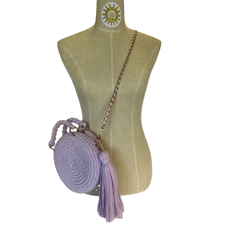 Woven Fabric Cord Circlet Bag with tassels, double handles and detachable Long metal links Shoulder Strap with interwoven cord in Lilac Stock