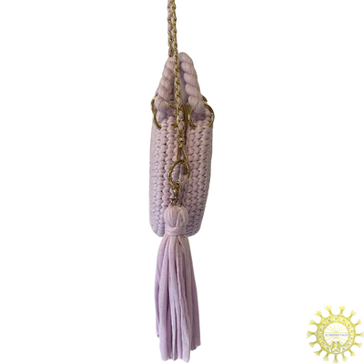 Woven Fabric Cord Circlet Bag with tassels, double handles and detachable Long metal links Shoulder Strap with interwoven cord in Lilac Stock
