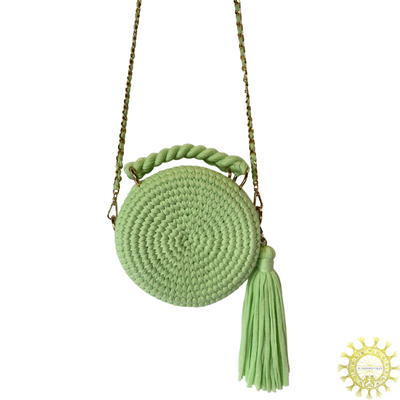 Woven Fabric Cord Circlet Bag with tassels, double handles and detachable Long metal links Shoulder Strap with interwoven cord in Spearmint
