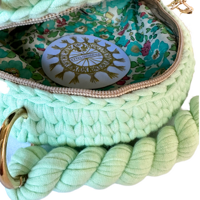 Woven Fabric Cord Circlet Bag with tassels, double handles and detachable Long metal links Shoulder Strap with interwoven cord in Spearmint