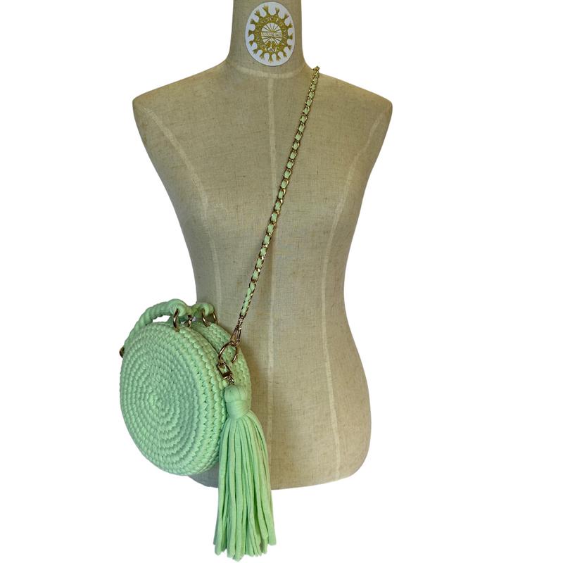 Woven Fabric Cord Circlet Bag with tassels, double handles and detachable Long metal links Shoulder Strap with interwoven cord in Spearmint