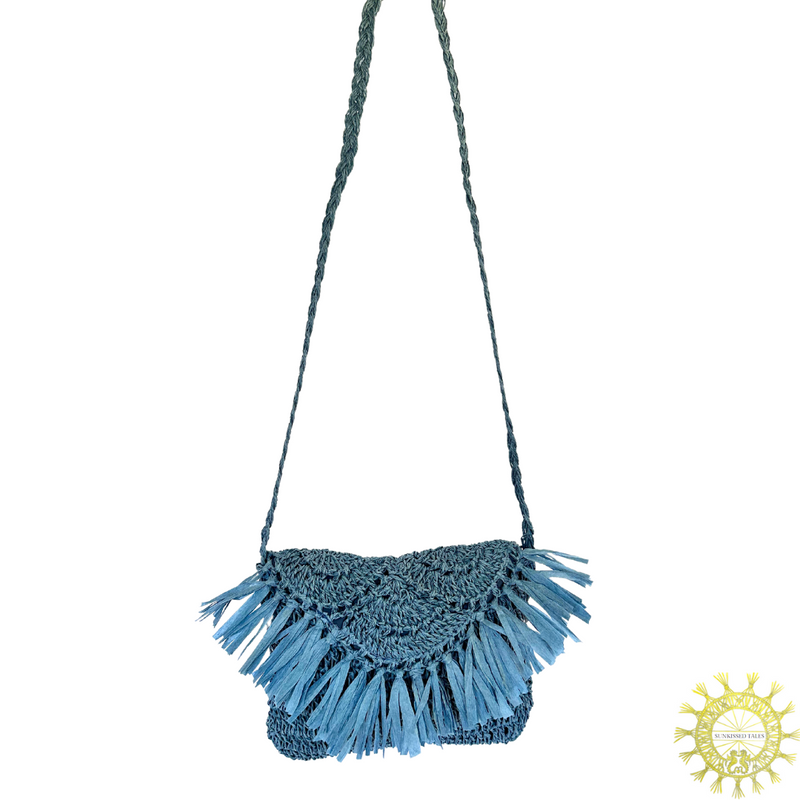Raffia scollop crochet bag with tassel fringing and long plaited Shoulder Strap in colour Adriatic Sea