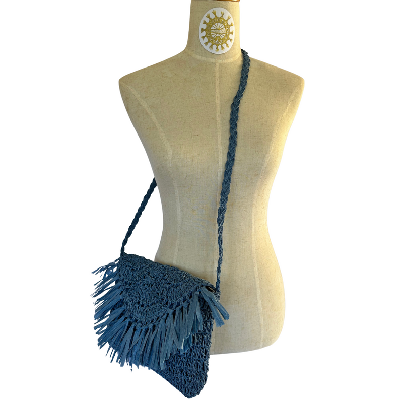 Raffia scollop crochet bag with tassel fringing and long plaited Shoulder Strap in colour Adriatic Sea