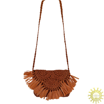Raffia scollop crochet bag with tassel fringing and long plaited Shoulder Strap in colour Sunbronzed