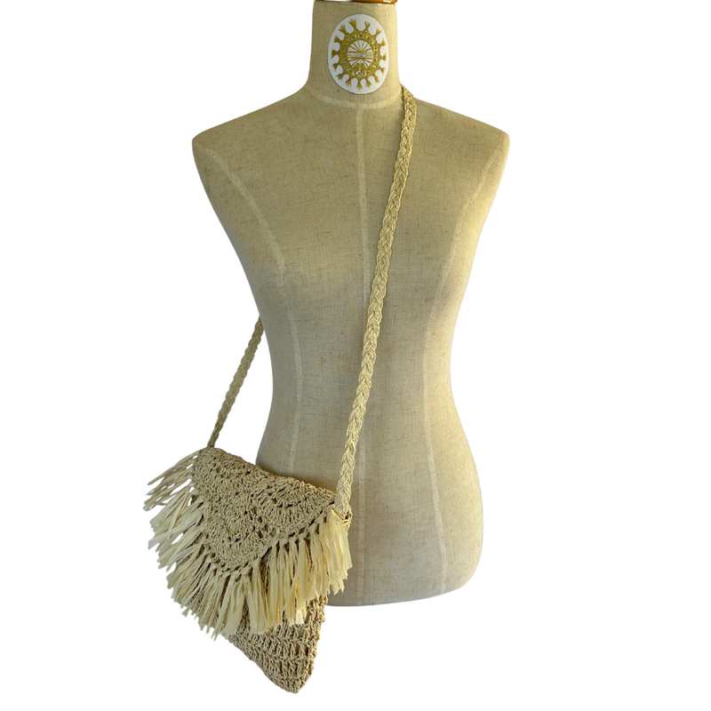 Raffia scollop crochet bag with tassel fringing and long plaited Shoulder Strap in colour Seasand