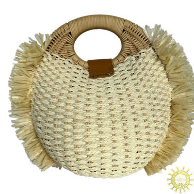 Raffia round Bag with double Wicker Handles and side fringe trimming in colour Seashell