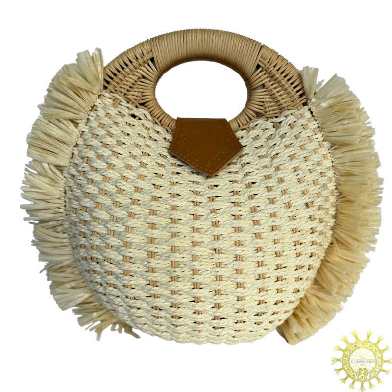 Raffia round Bag with double Wicker Handles and side fringe trimming in colour Seashell