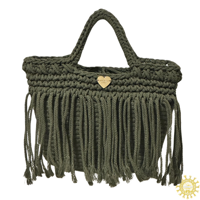 Woven Cord double Hand Strap Bag with Fringing Cascade in Olive Grove