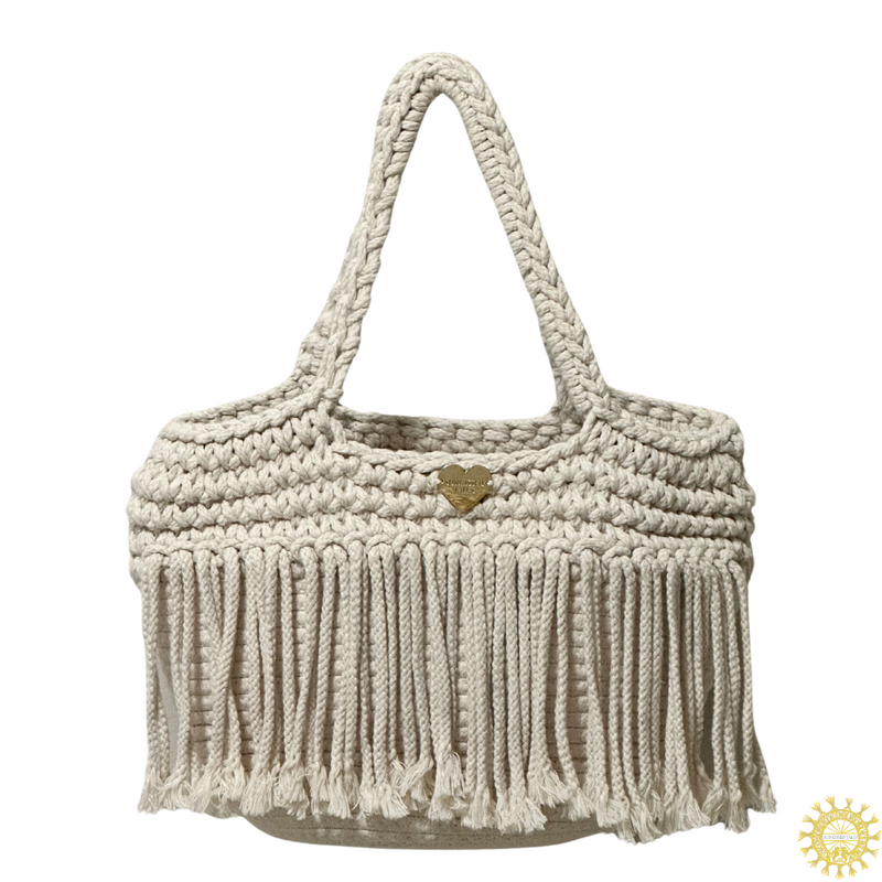 Woven Cord double Hand Strap Bag with Fringing Cascade in Sugar