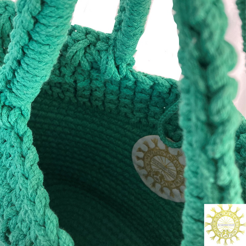 Woven Cord double Hand Strap Bag with Fringing Cascade in Emerald Isle