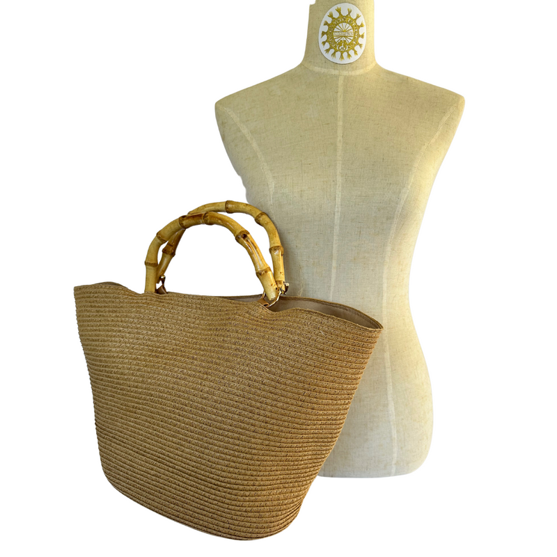Cord Woven Bag with Double Bamboo Handles in colour Suntan
