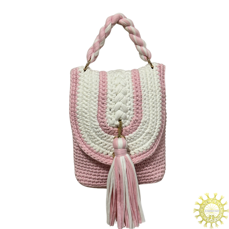 Woven cord envelope Bag with detachable tassel and twisted cord single hand held handle in colour Apple Blossom