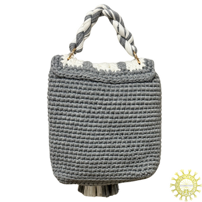 Woven cord envelope Bag with detachable tassel and twisted cord single hand held handle in colour Cobble Stone