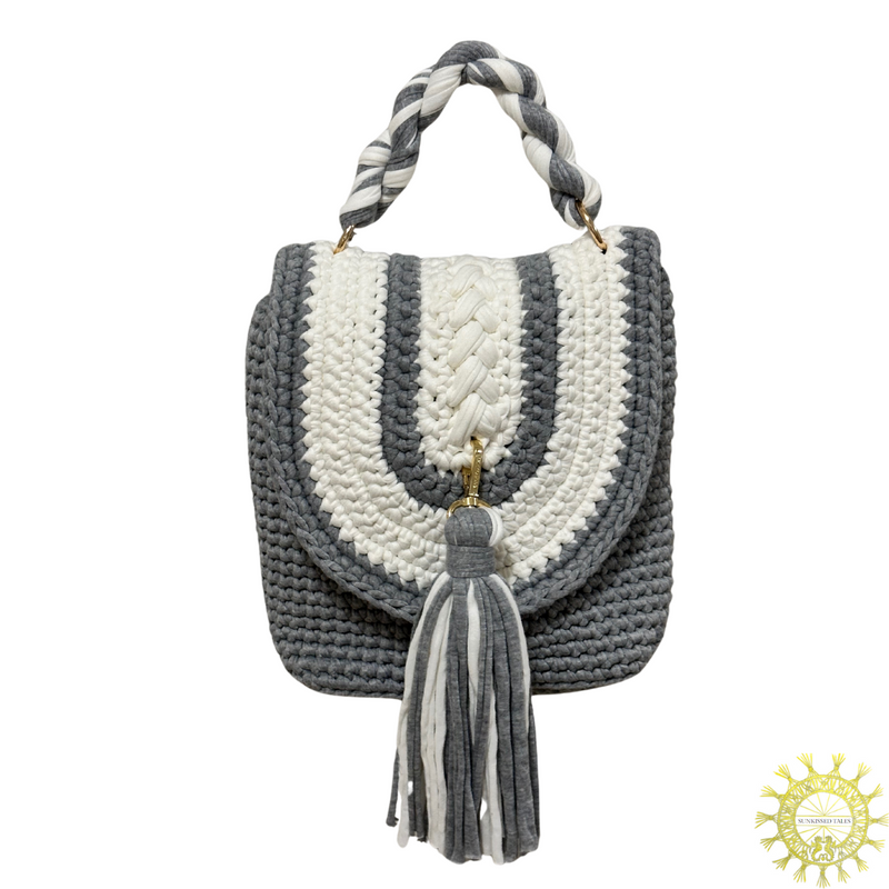 Woven cord envelope Bag with detachable tassel and twisted cord single hand held handle in colour Cobble Stone