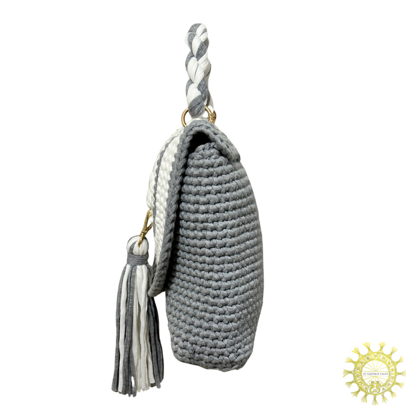 Woven cord envelope Bag with detachable tassel and twisted cord single hand held handle in colour Cobble Stone