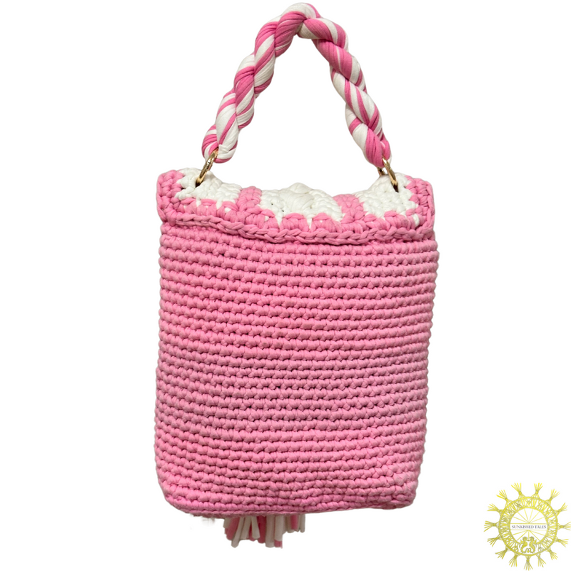 Woven cord envelope Bag with detachable tassel and twisted cord single hand held handle in colour Flamingo