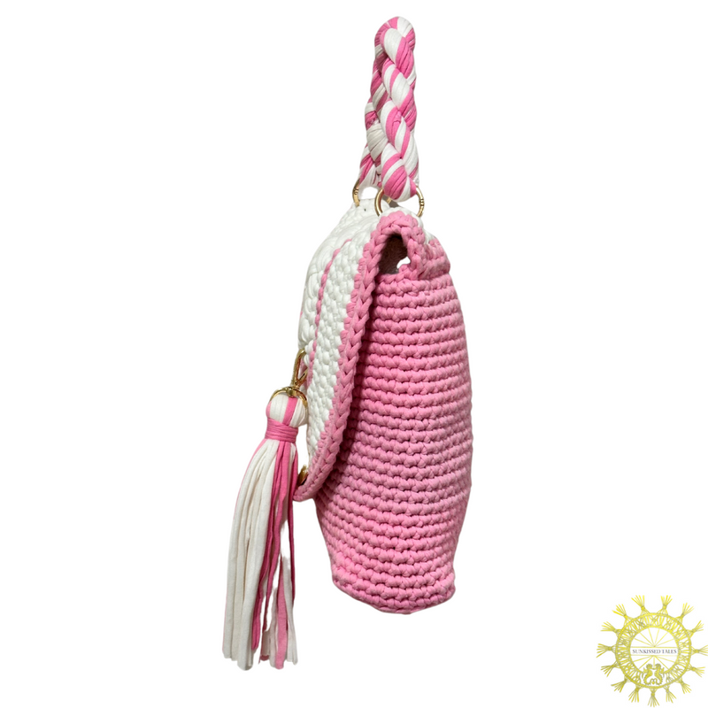 Woven cord envelope Bag with detachable tassel and twisted cord single hand held handle in colour Flamingo