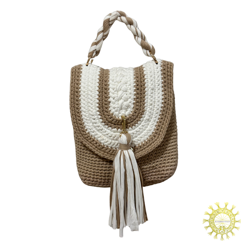 Woven cord envelope Bag with detachable tassel and twisted cord single hand held handle in colour Toffee