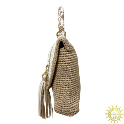 Woven cord envelope Bag with detachable tassel and twisted cord single hand held handle in colour Toffee